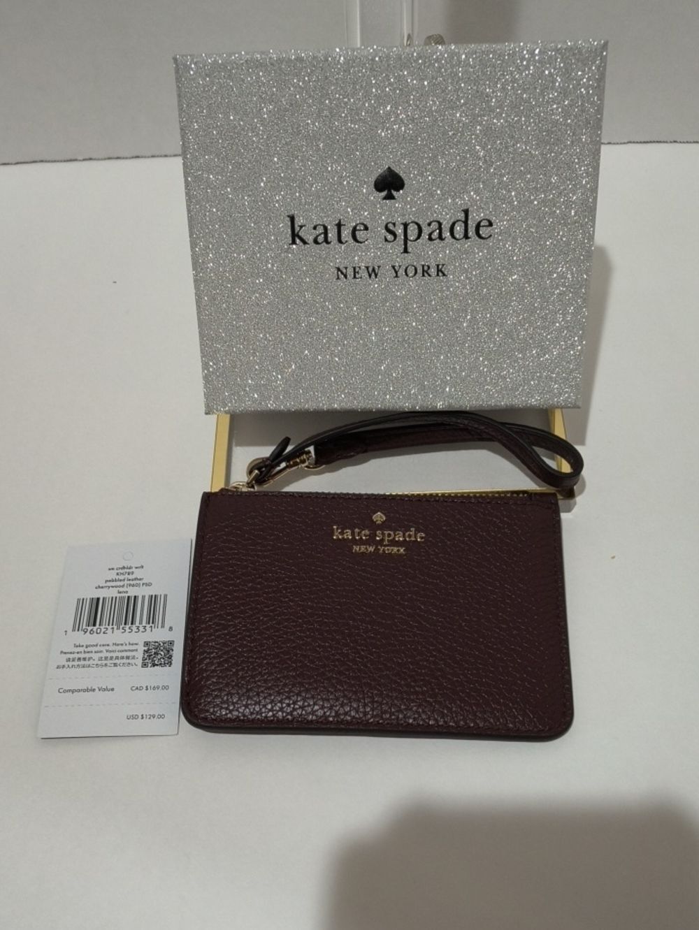 Kate Spade Burgundy Pebbled Leather Wristlet Card Case Gift Box